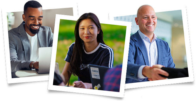 Happy WilmU students on computers and on campus.