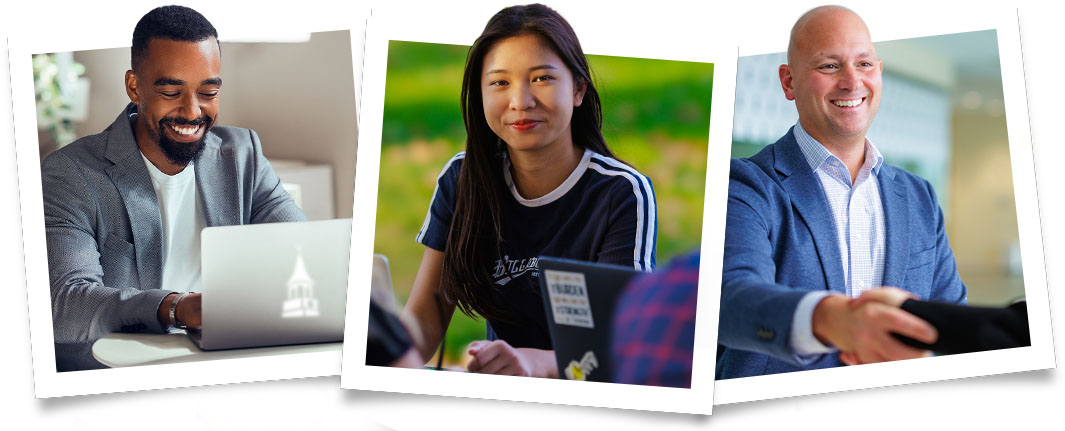 Student sitting at desk smiling with hands together