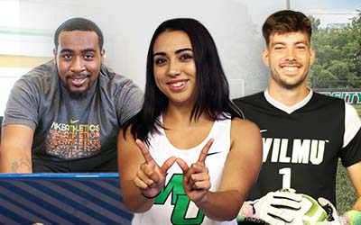 Smiling students on campus and in athletic gear.
