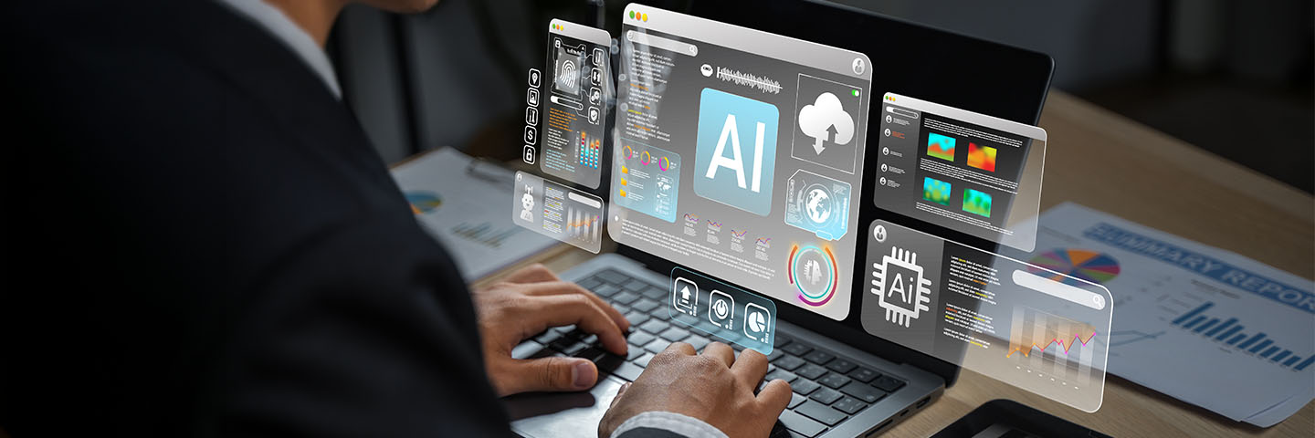 student in front of a laptop with AI related content projecting from the screen