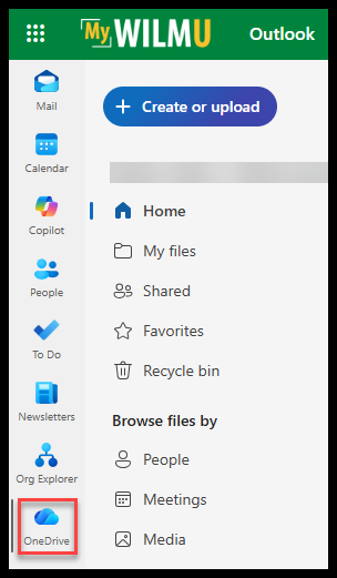creenshot of a left-side navigation menu with the OneDrive link highlighted to show where to access OneDrive