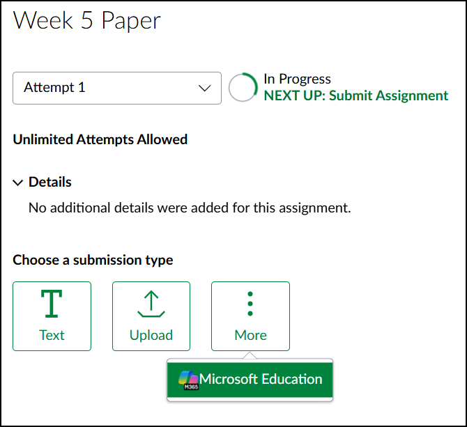 Microsoft Education assignment submission type