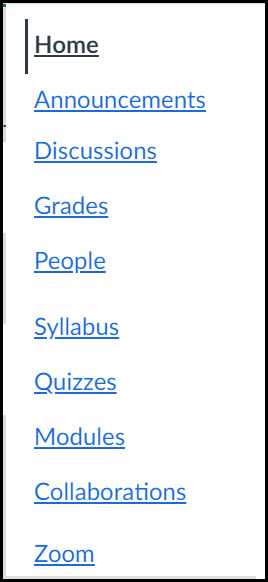 Canvas Course Navigation Menu, with 10 links described in the Course Menu List above