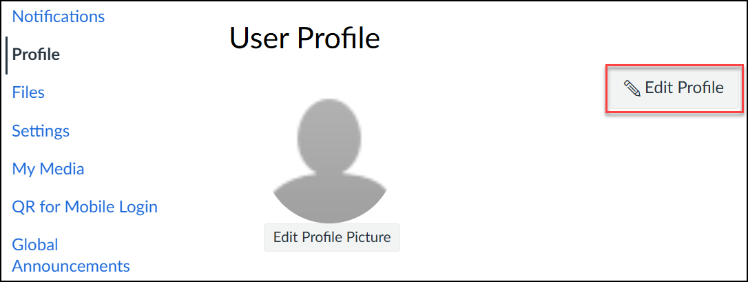 Screenshot of a user profile page showing a placeholder avatar with an "Edit Profile Picture" button below it. Navigation links on the left include Profile, Files, Settings, My Media, QR for Mobile Login, and Global Announcements, with an "Edit Profile" button highlighted on the right.
