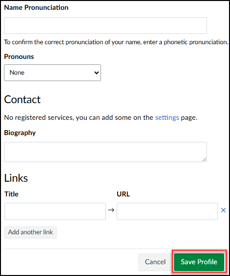 Screenshot of a user profile settings form for entering name pronunciation, selecting pronouns, adding contact services, writing a biography, and including links with titles and URLs. The form features a dropdown menu for pronouns, text fields for biography and links, and a prominent green "Save Profile" button at the bottom right.