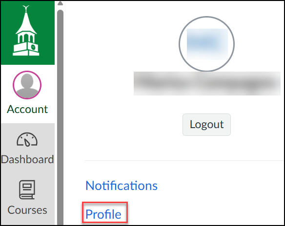Screenshot of a user interface displaying a sidebar menu with icons and labels for Account, Dashboard, and Courses on the left. Profile link is highlighted in blue under Notifications section, with a Logout button and blurred user information visible on the right.