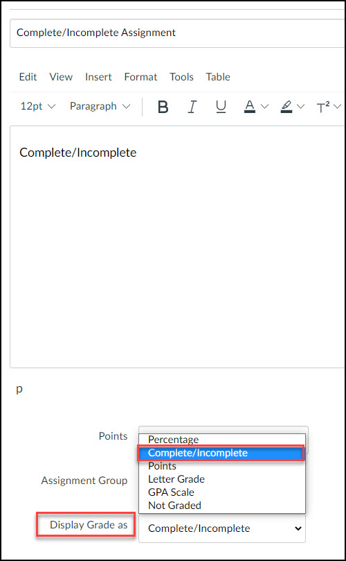 Screen image showing the Display Grade As drop down menu
