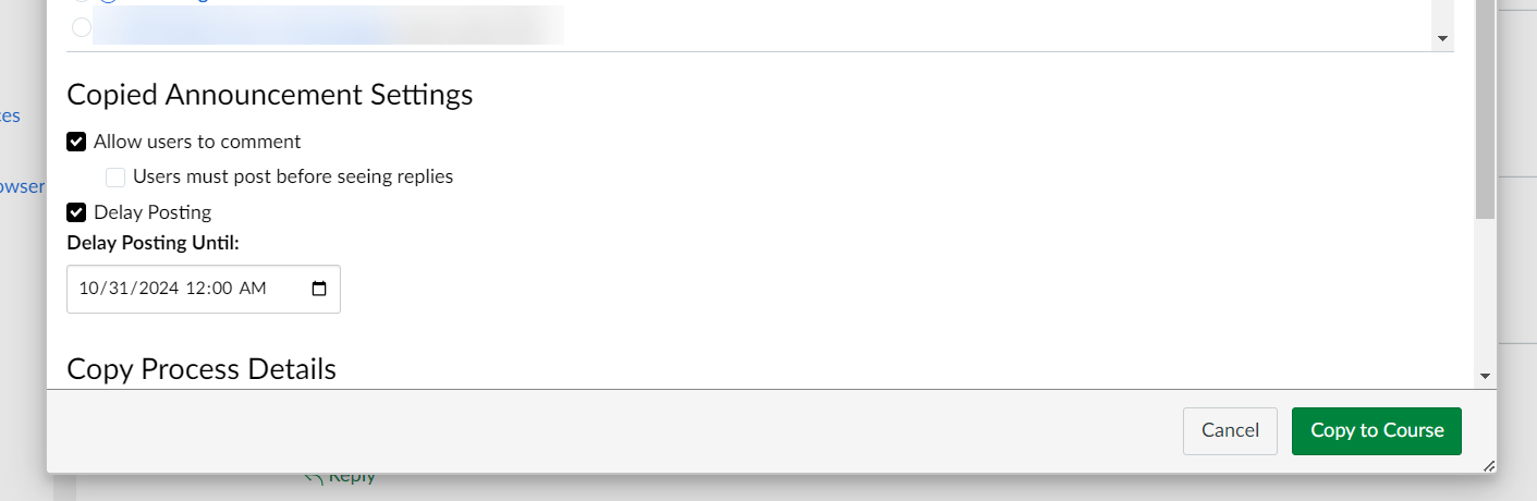Configure the announcement settings and then click the "Copy to Course" button