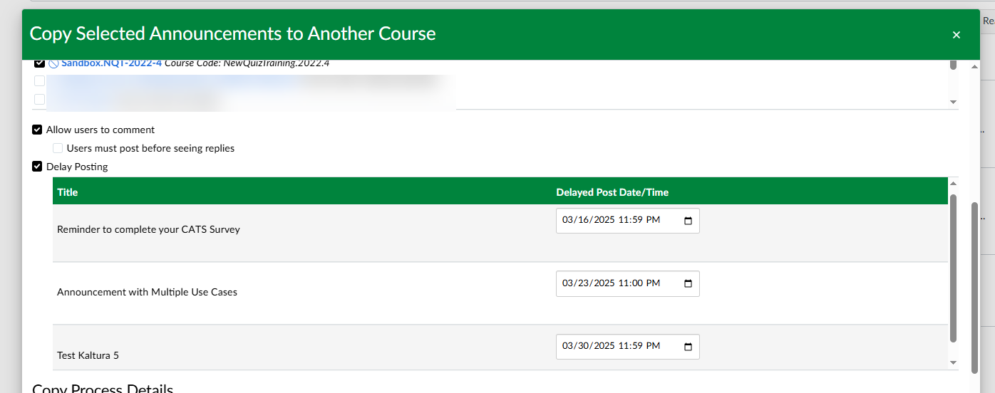 Copy settings for announcements when copying