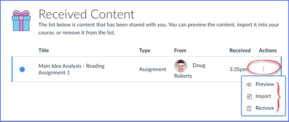 Received Content dialog screenshot