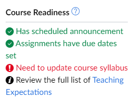 Course readiness checklist showing an announcement has been scheduled, but the syllabus still needs to be added