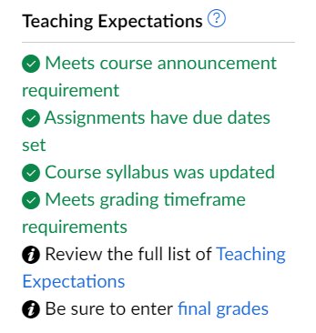 Teaching expectations checklist after course ends with all requirements met