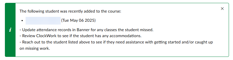 Example of an alert for a recently added student with reminders for things to do