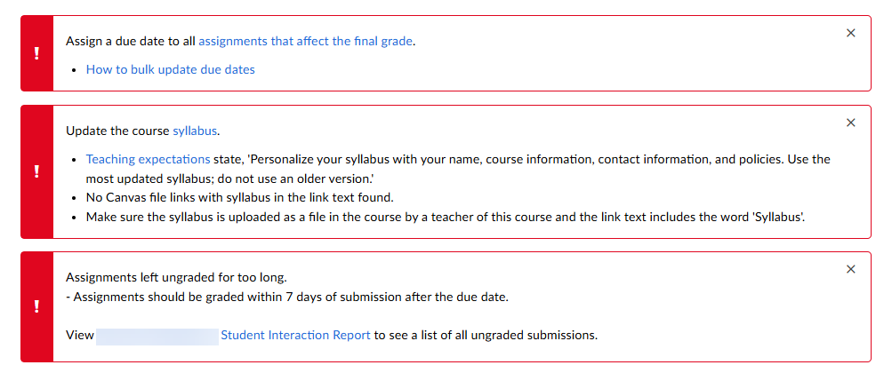 Example of alerts for multiple unmet teaching expectation requirements