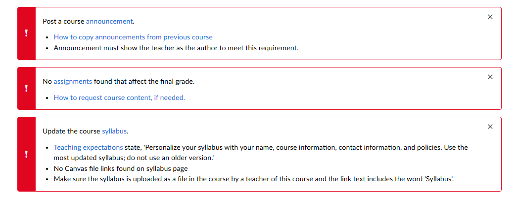 Example of alerts when no course readiness requirements are met