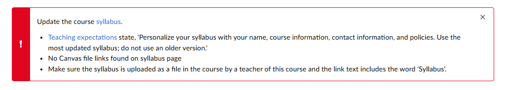 Example of alert when only the syllabus course readiness requirement isn't met