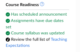 Example of course readiness to do list with all requirements met