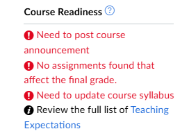 Example course readiness checklist where no requirements have been met