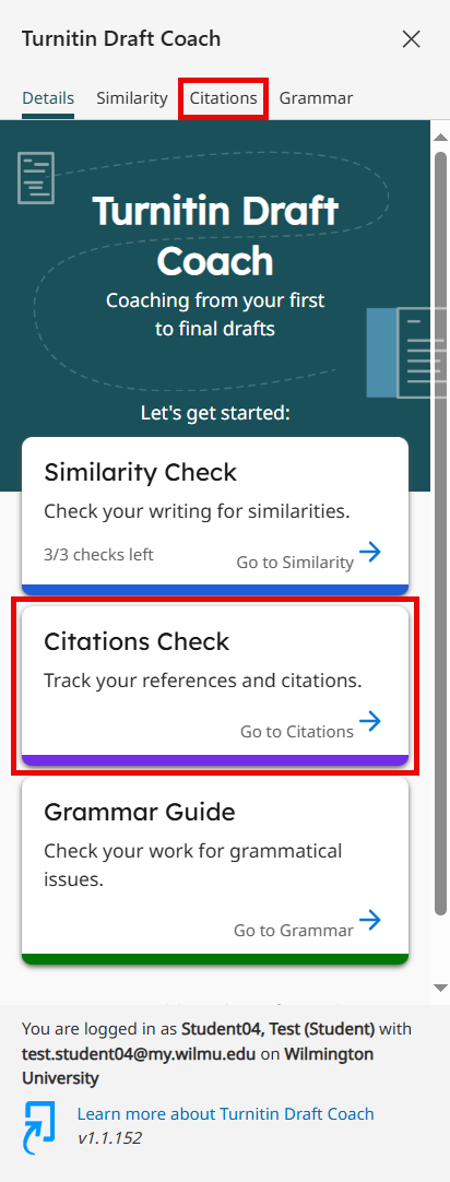 Selecting Citations Check from Turnitin Draft Coach Side window