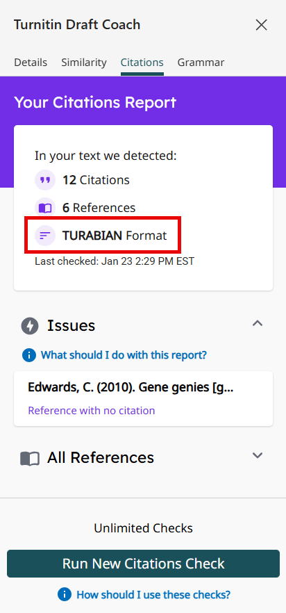 Image of Citation Check noting Turabian formatting