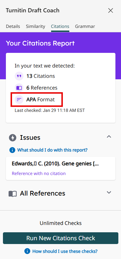 Image of Citations Check noting APA formatting