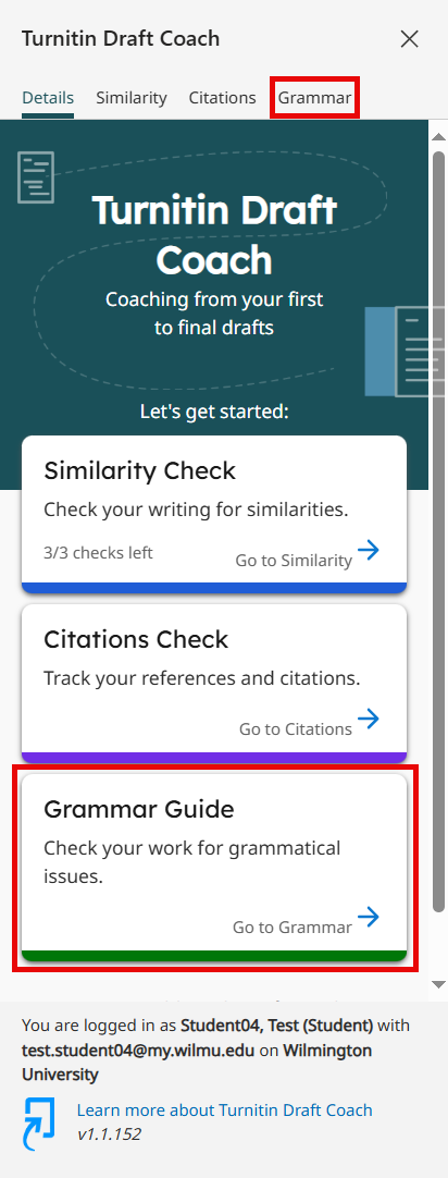 Selecting Grammar Guide from side window