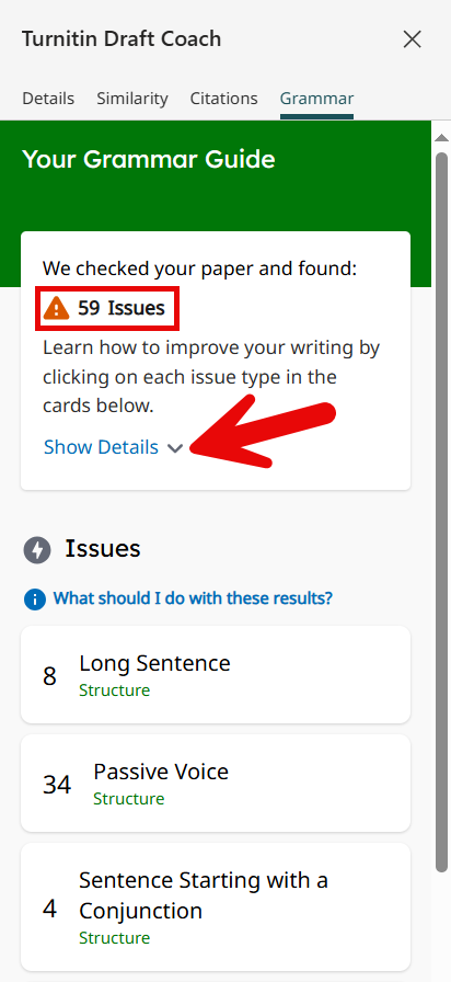 Image of Draft Coach's Grammar Guide highlighting 59 grammar issues in a document, with categories like long sentence, passive voice, and sentence starting with a conjunction.