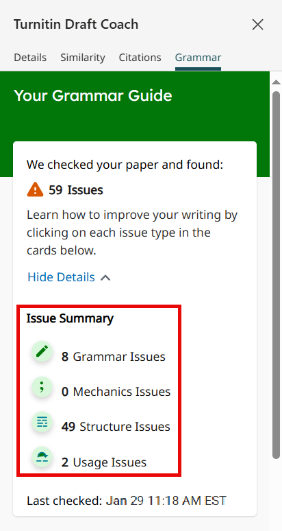 Image of Draft Coach's Grammar Guide showing a summary of 59 total writing issues: 8 grammar, 0 mechanics, 49 structure, and 2 usage issues.