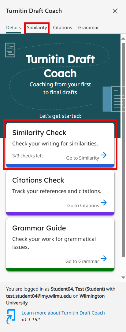 Selecting Similarity Check from Turnitin Draft Coach Side window