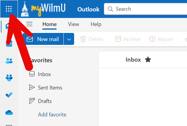 Image of Microsoft 365 waffle menu from Outlook