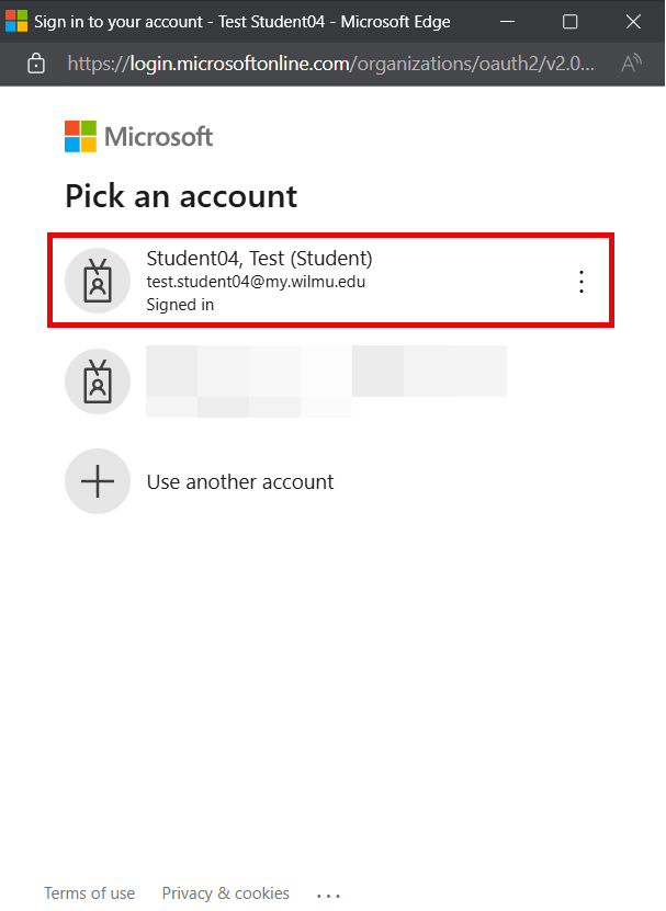 Selecting your WilmU account for Microsoft365 Access