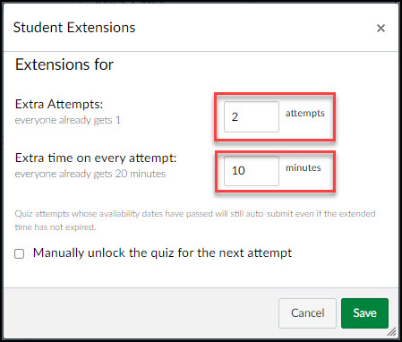 Pop up window showing attempts and time setting for student quizzes.