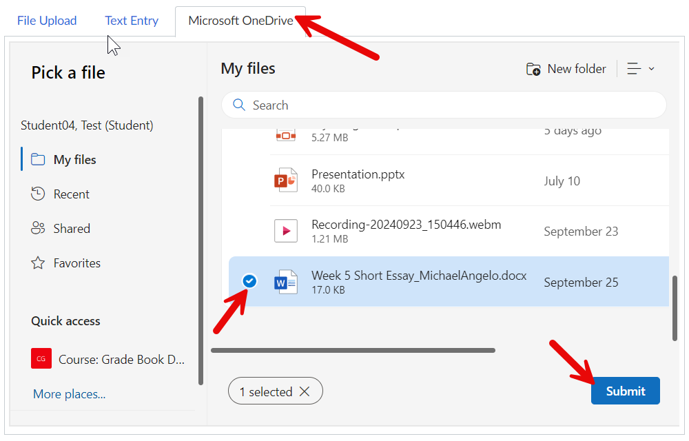 OneDrive Tab File Selection for Submission in Canvas