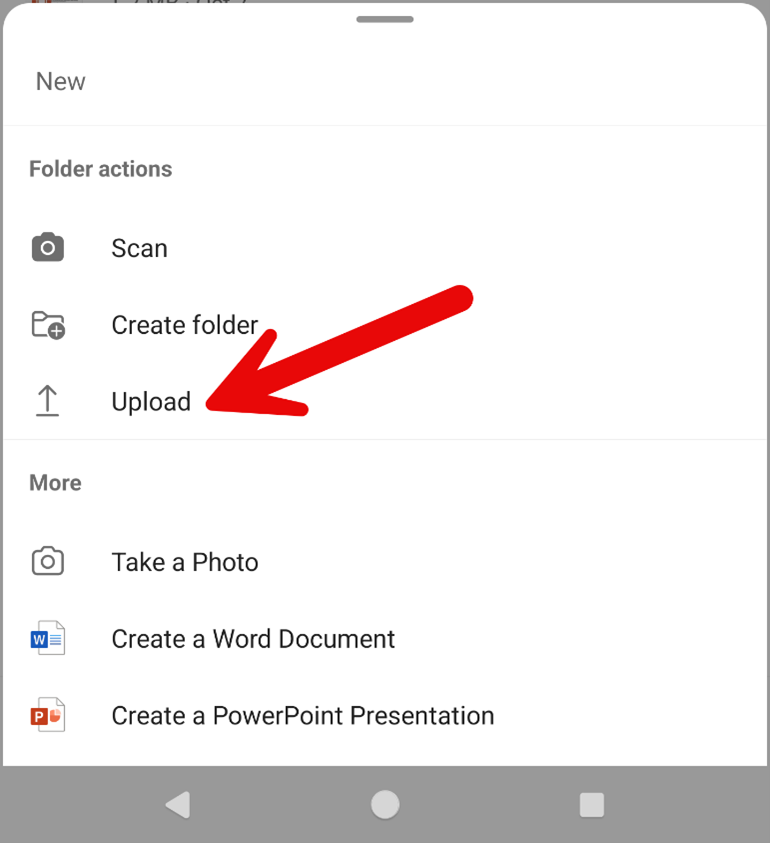 OneDrive Mobile File Upload Menu Options