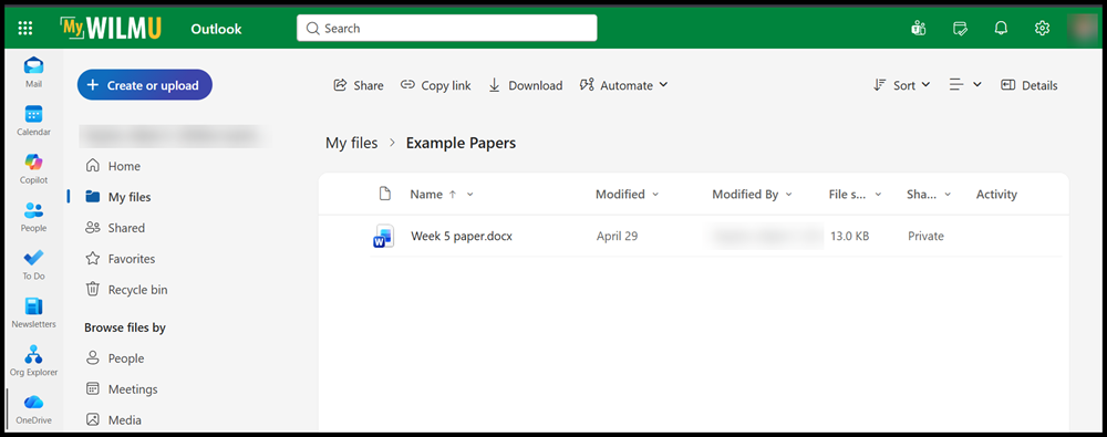 OneDrive interface with left navigation menu and ‘Example Papers’ folder showing a Word document titled ‘Week 5 paper.docx.’