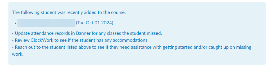 Example of a recently added students notification showing one student