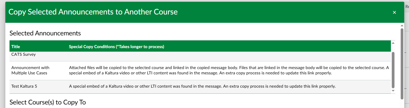 Table of announcements that were selected for copying