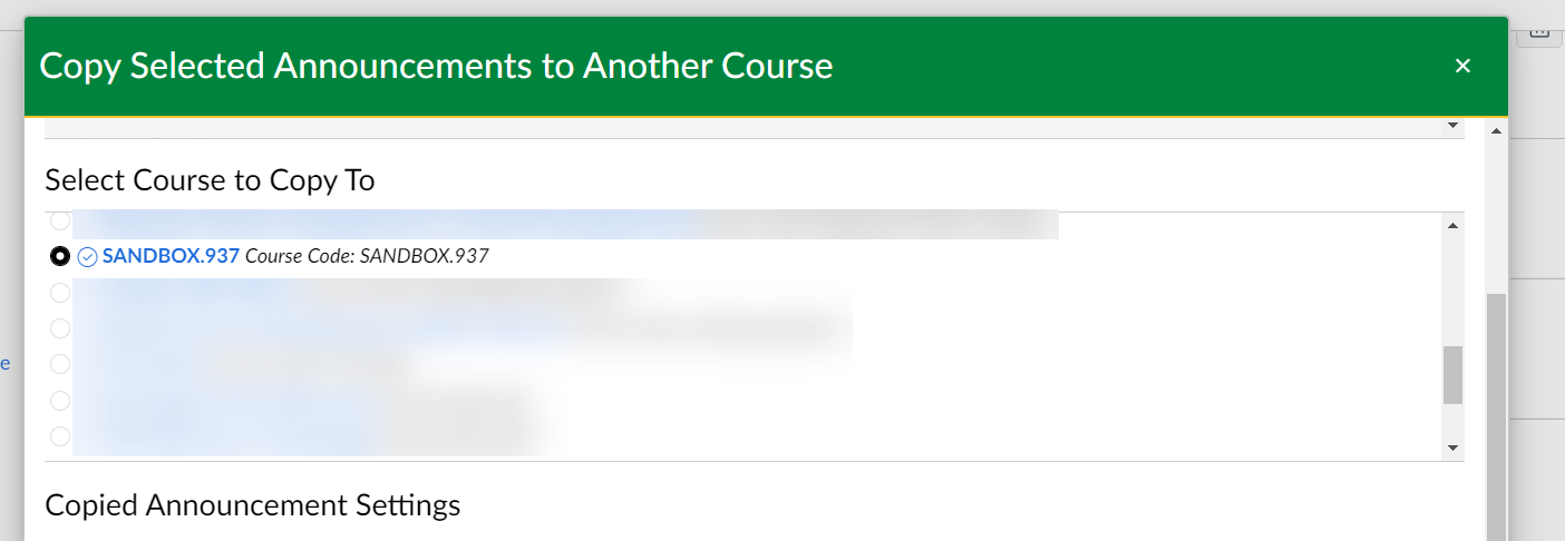 Select the course to copy to