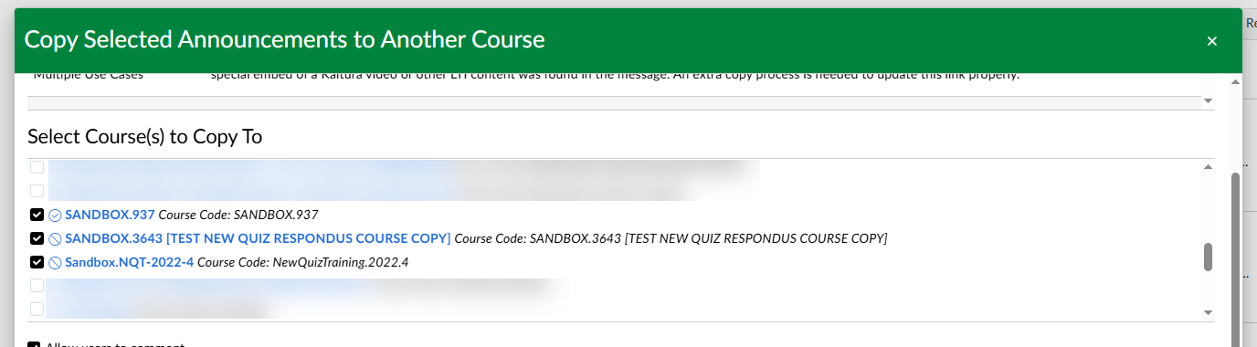 Selected courses to copy the announcements to