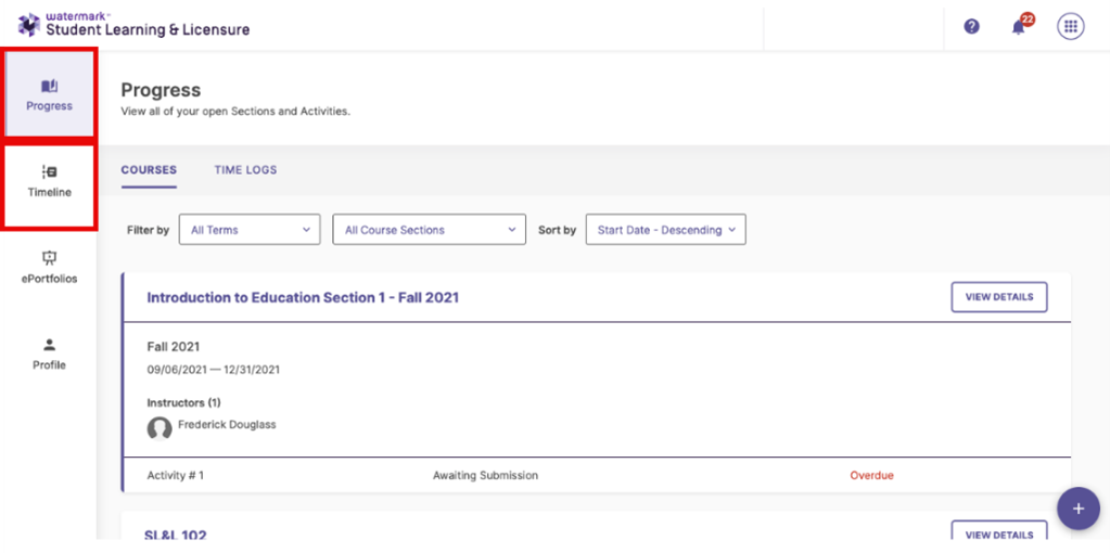 screen shot of the Student Learning & Licensure dashboard