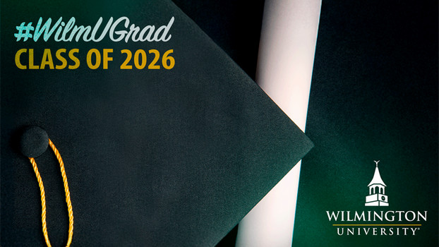 WilmU Commencement Zoom Background 2026; cap and diploma