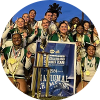 Cheerleading team poses with trophy.