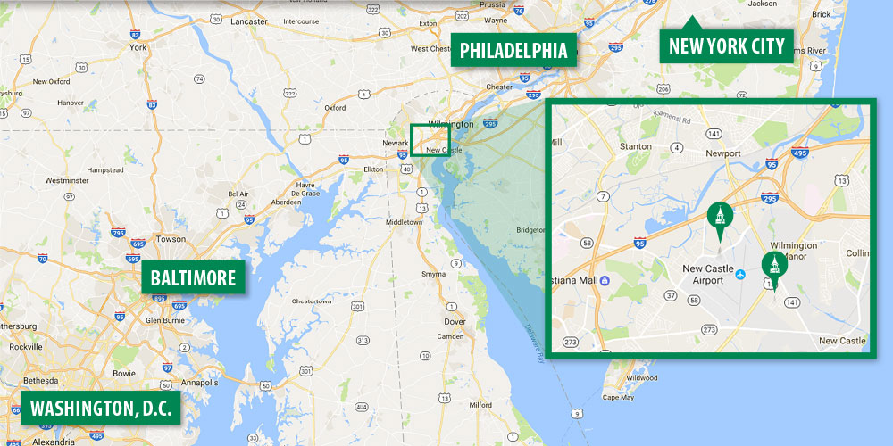 Wilson Graduate Center and New Castle Campus map locations; conveniently located between Philadelphia, New York City, Baltimore, and Washington, D.C.