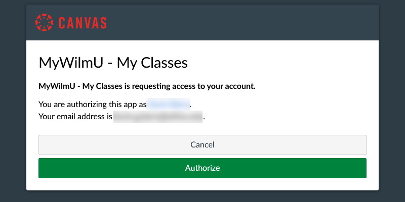 Screen shot of the Canvas authorization page for My Classes