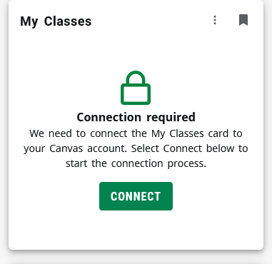 Screen shot of the My Classes card requesting Canvas connection