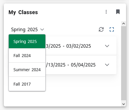 Screen shot showing where to change the term on the My Classes