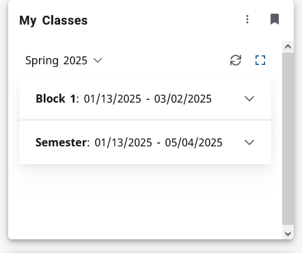 Screen shot of the My Classes card showing the parts of term for enrolled classes
