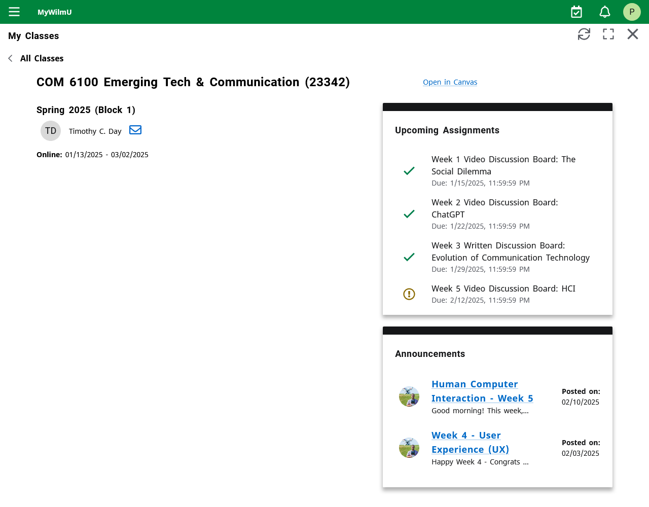 Screen shot of the Class Details page