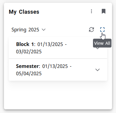 Screen shot showing where the View All button is located on the My Classes card
