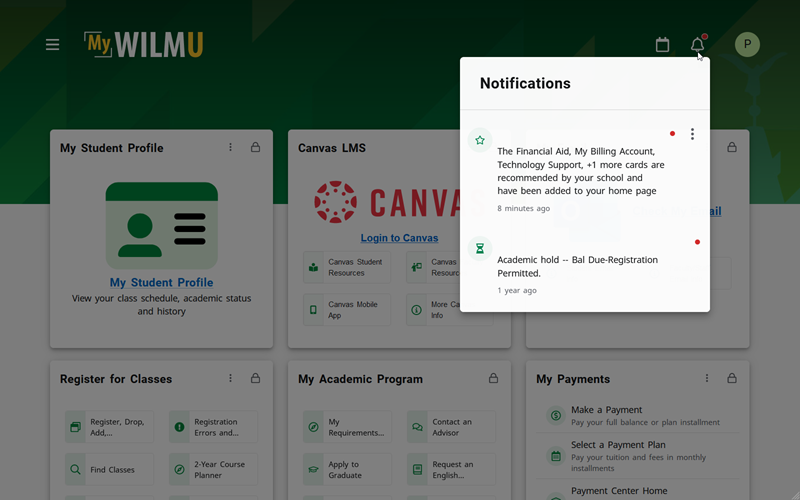 MyWilmU home page showing notifications